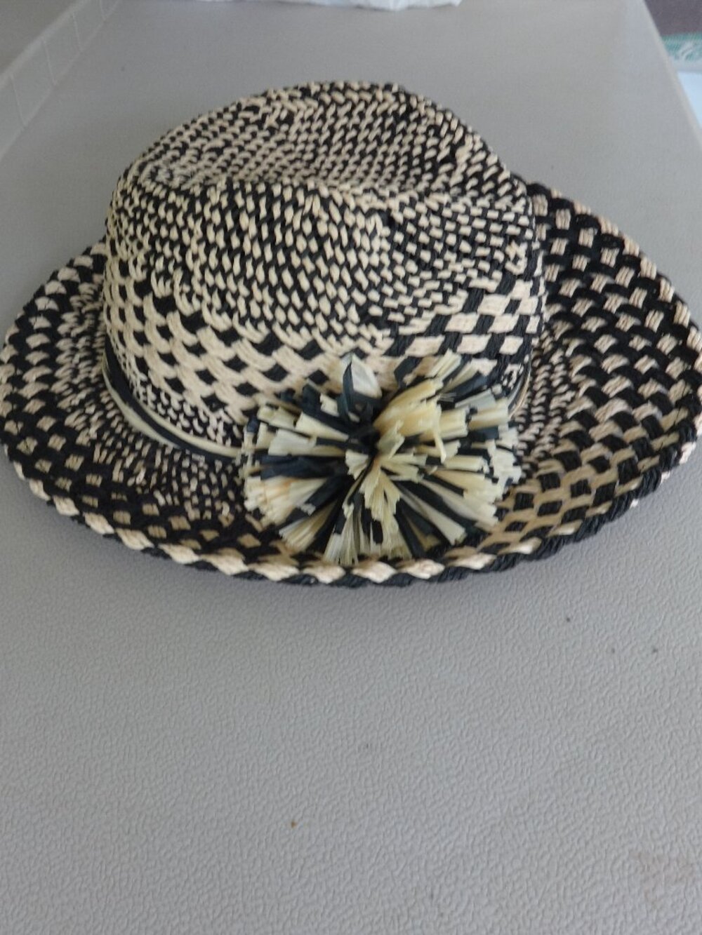 Kathy Jeanne Fedora straw hat, black and natural weaved, 3" brim , made in USA